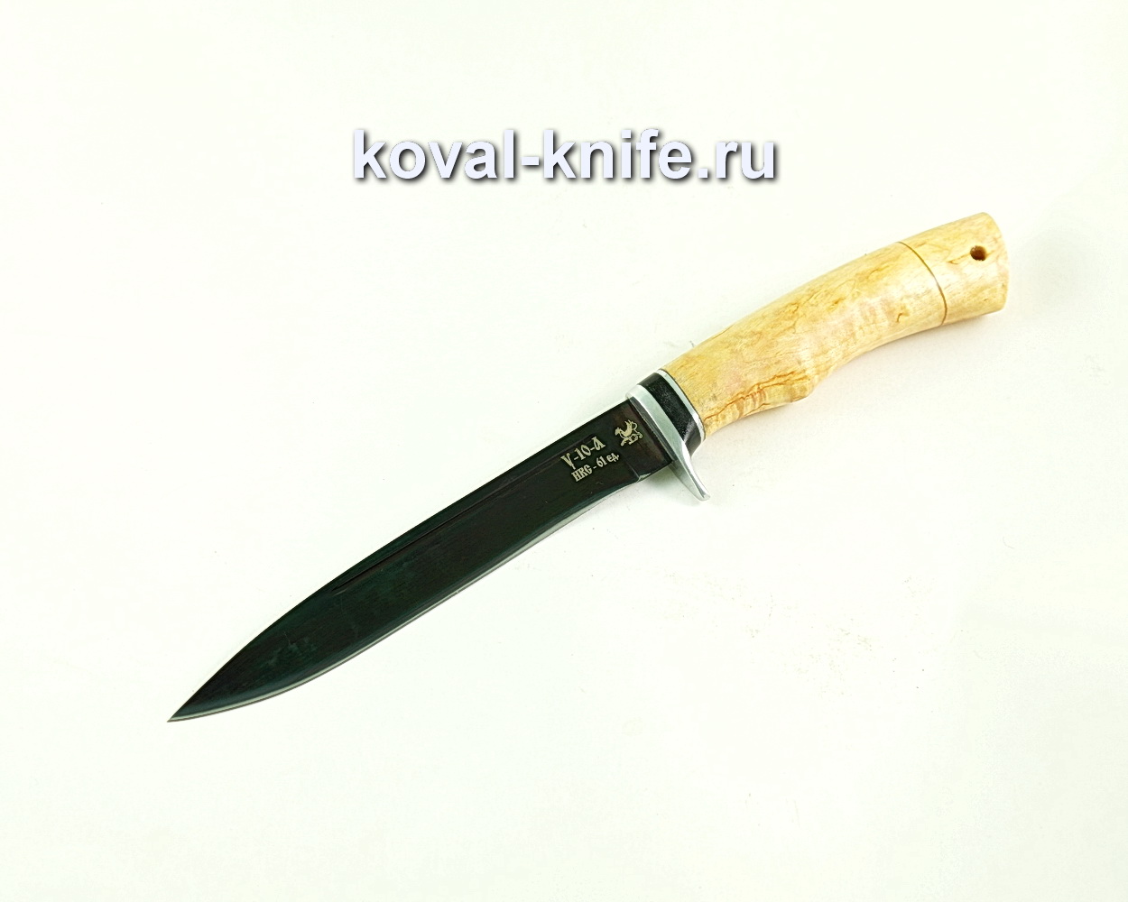 Knife from forged steel U10 Tourist-3, handle Karelian birch A002