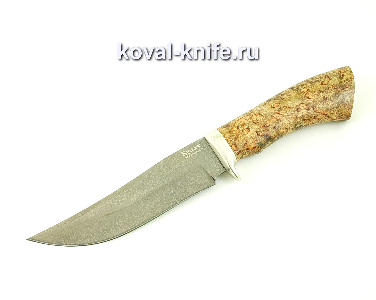 Damask steel knife Klych (Alloy damask steel, handle stabilized Karelian birch, cast nickel silver) A477