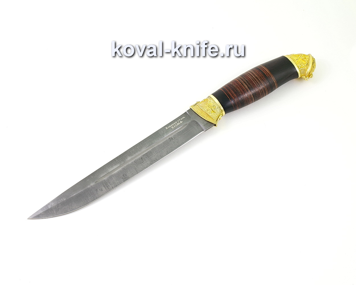 Knife from forged steel X12MF Plastun (leather and hornbeam handle, cast brass) A500