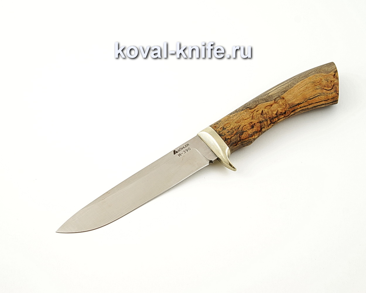 Tourist knife from powder steel M390 with a handle from stabilized Karelian birch, garda cupronickel A530