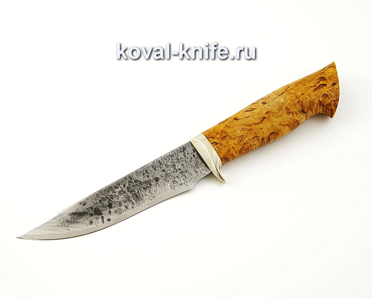 Knife Fox made of forged steel 9XC with a handle from stabilized Karelian birch, garda cupronickel A531