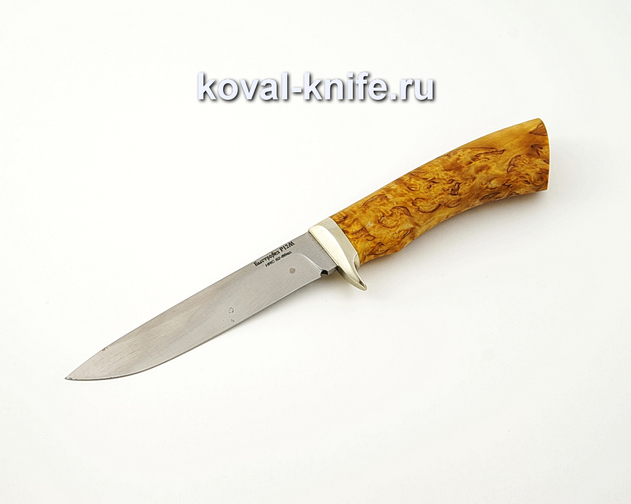 Tourist knife from R12M fast cutter with a handle from stabilized Karelian birch, garda cupronickel A522