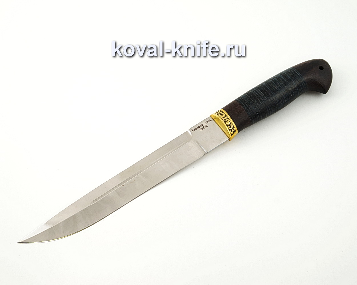 Tourist knife from R12M fast cutter with a handle from stabilized Karelian birch, garda cupronickel A522