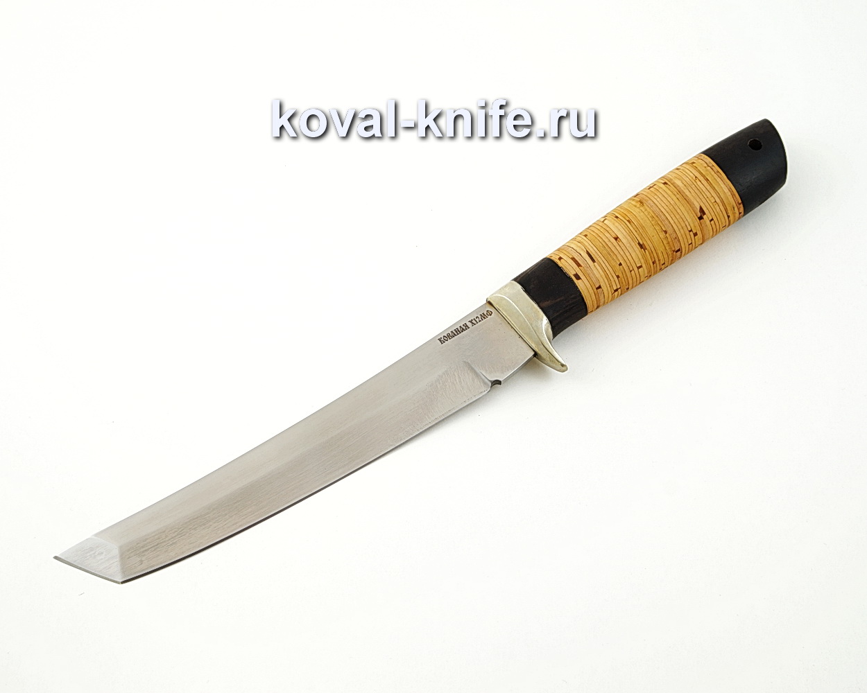 Tanto knife from forged steel X12MF with a handle made of birch bark and black hornbeam A585