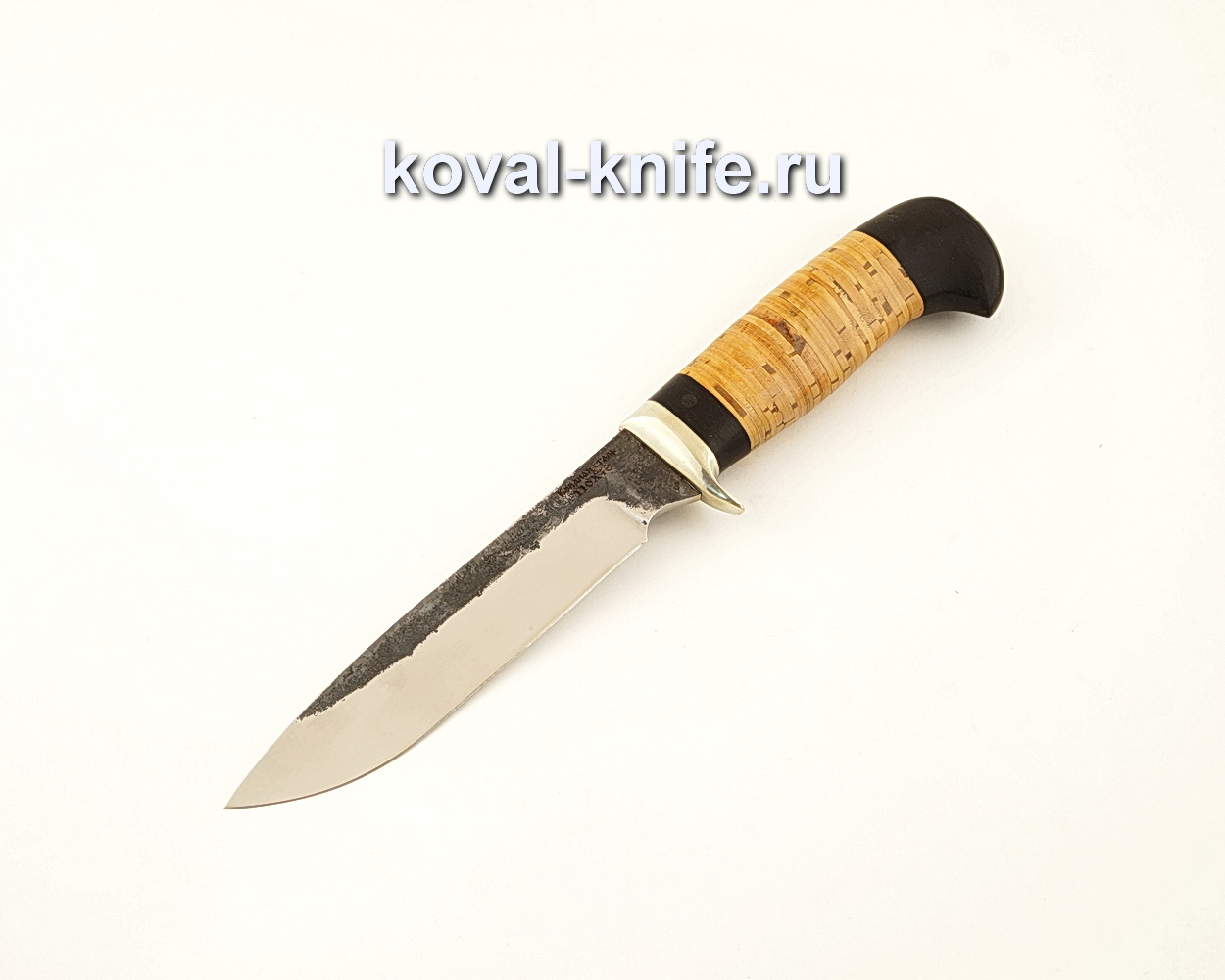 Tourist knife from forged steel 110X18 with a handle from birch bark and hornbeam A625