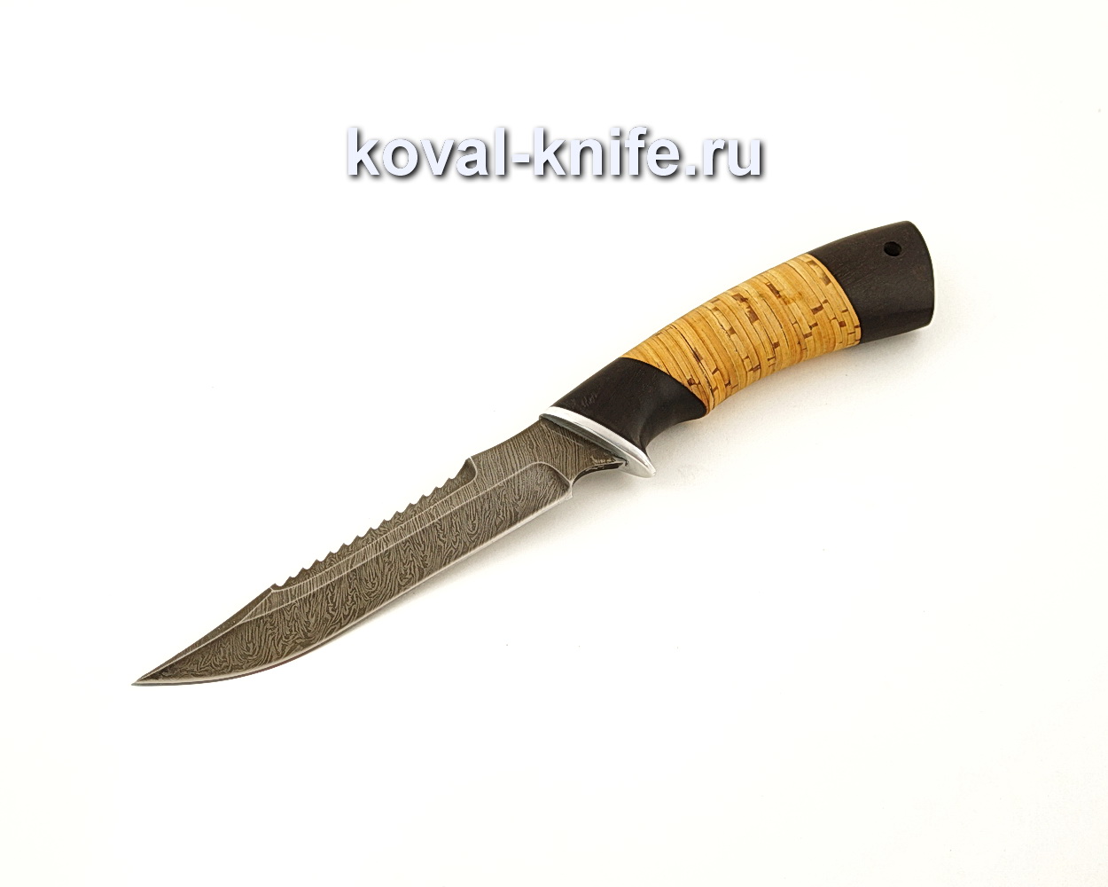 Damask steel fishing knife with hilt made of birch bark and hornbeam A661