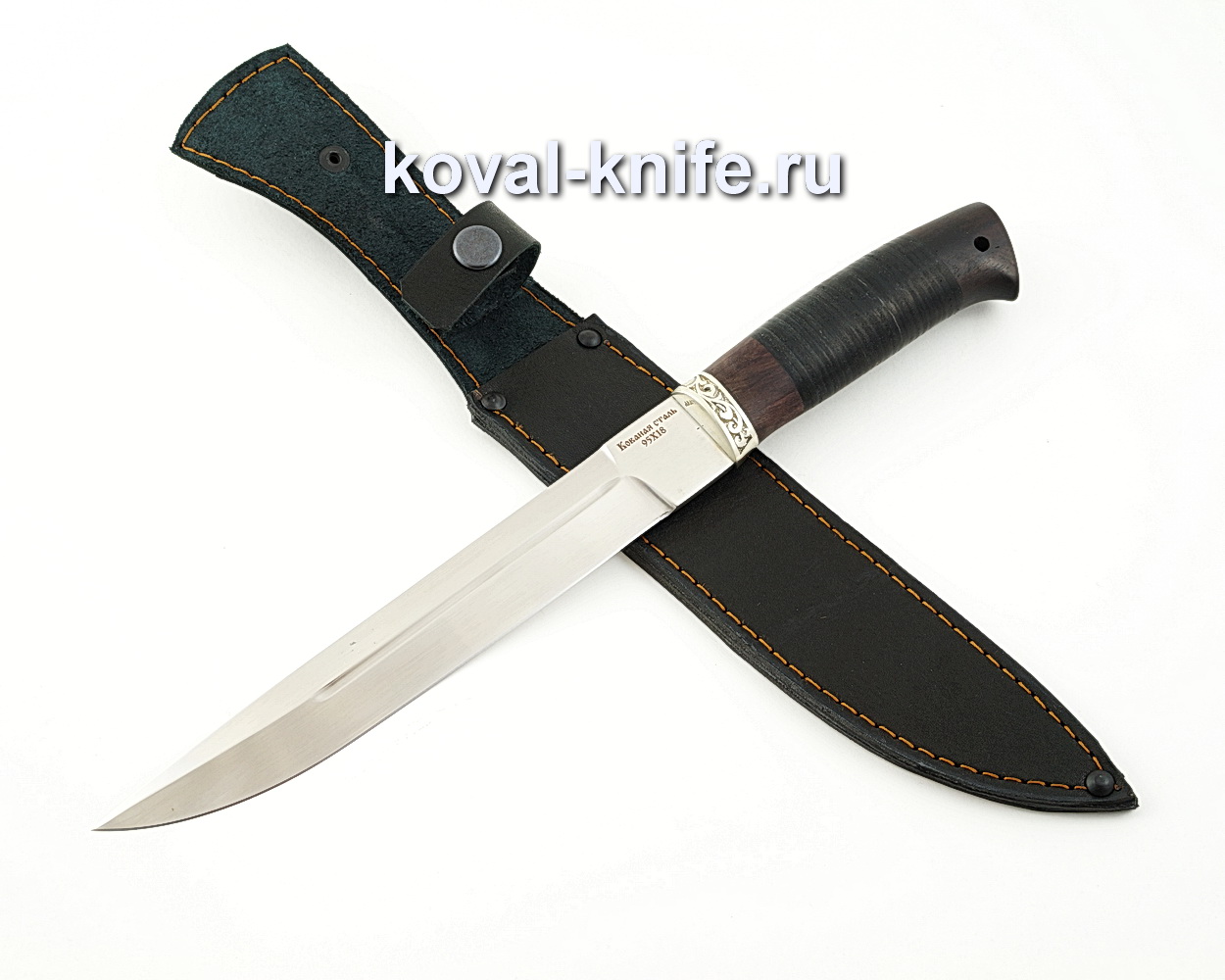 Knife Plastun from forged steel 95×18 with a handle made of leather and black hornbeam A584